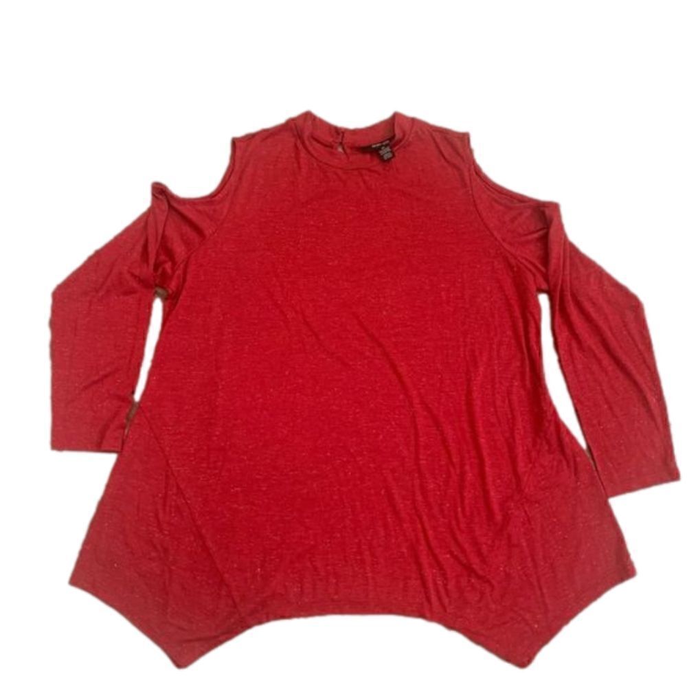 Style & Co Red Metallic Cold Shoulder Sharkbite‎ Hem Tunic Top 1X Mock Neck NWT